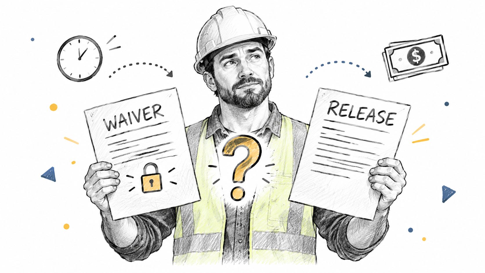 Un trabajador de la construcción sostiene documentos de renuncia y liberación con un signo de interrogación central.