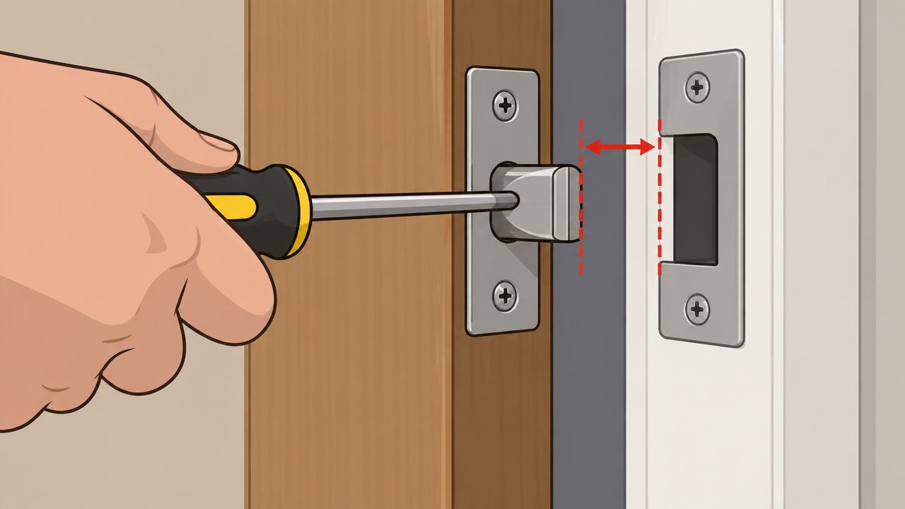 A close-up illustration of a hand using a screwdriver to adjust a door latch bolt mechanism.