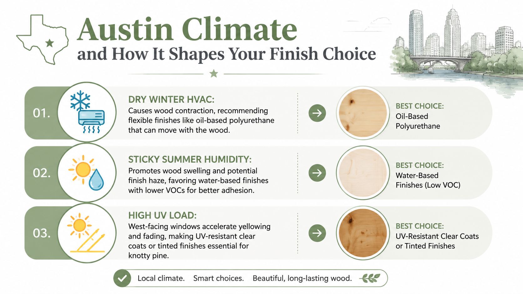 An infographic detailing recommended wood finishes for knotty pine cabinets based on the Austin, Texas climate conditions.