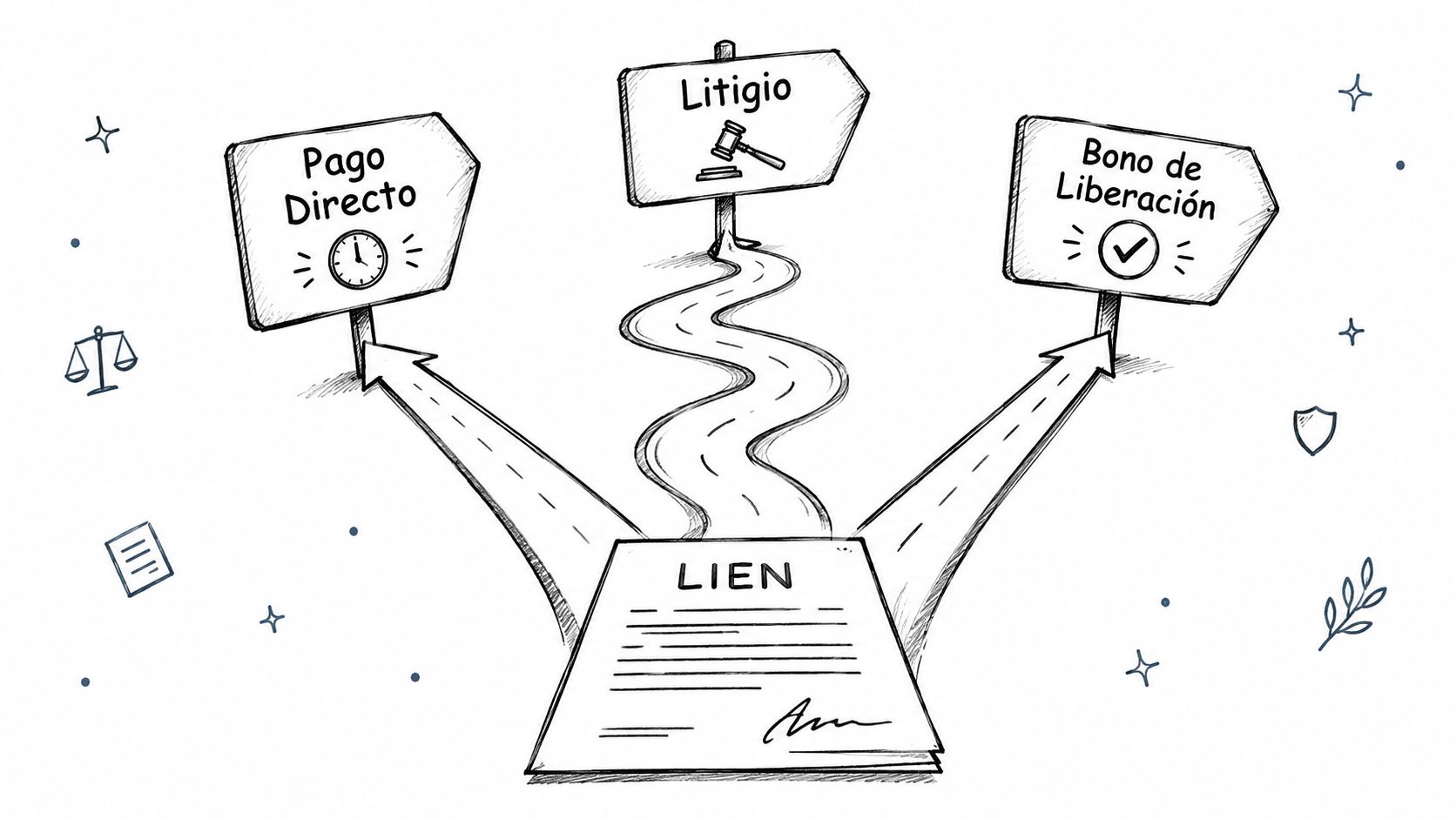 Representación gráfica de las opciones legales frente a un gravamen: pago directo, litigio o bono de liberación.