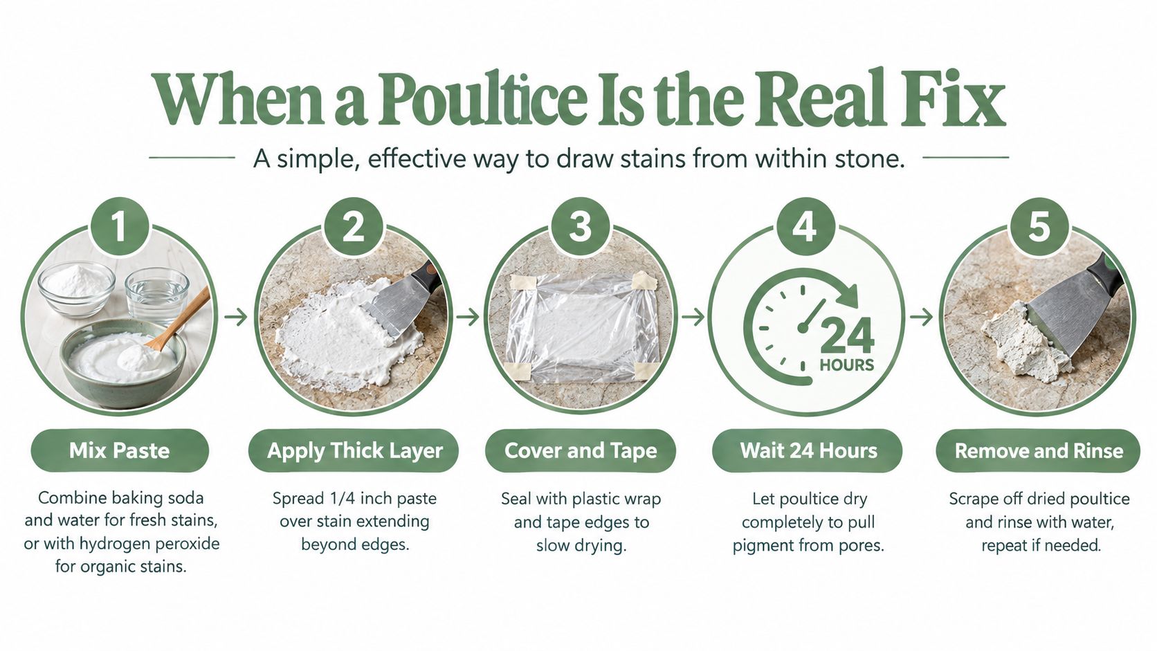 A five-step infographic showing how to remove stone countertop stains using a homemade baking soda poultice.