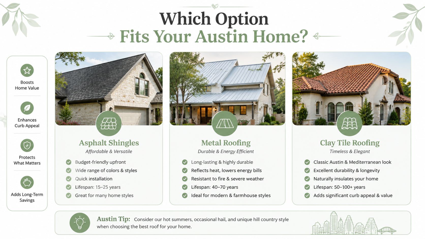 A comparison infographic featuring asphalt shingles, metal roofing, and clay tile roofing options for homes in Austin.