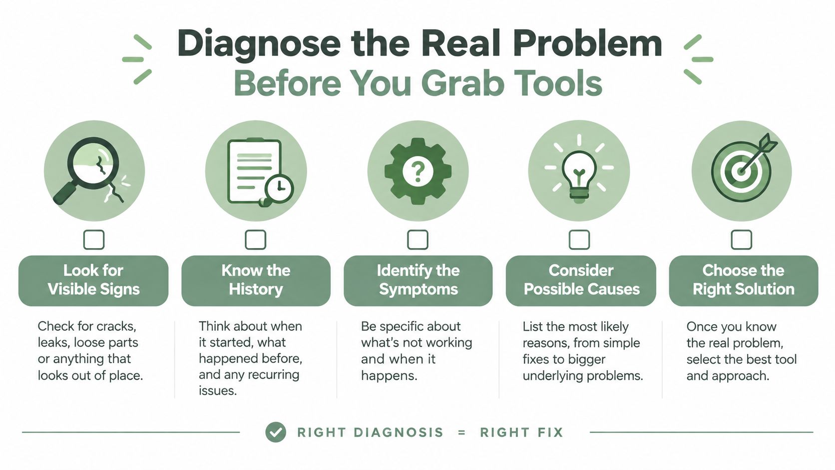 An infographic titled Diagnose the Real Problem showing five essential steps for effective troubleshooting and repair.