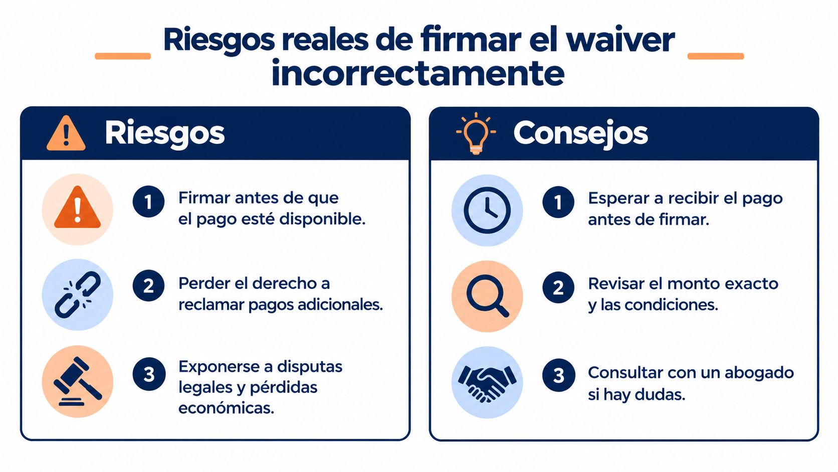 Infografía sobre los riesgos reales de firmar un waiver incorrectamente y consejos prácticos para evitar problemas.