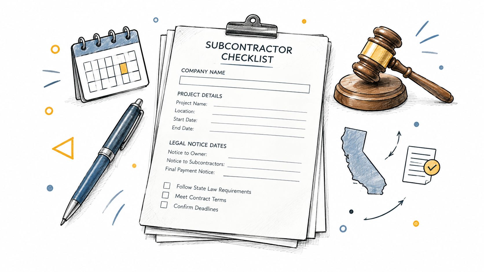 Lista de control para subcontratistas con un mazo de juez y un mapa de California ilustrados.