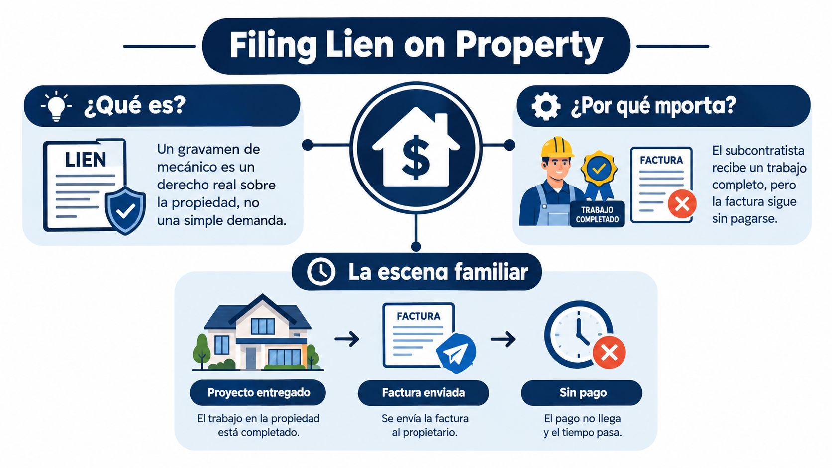 Infografía sobre cómo presentar un derecho de retención o gravamen sobre una propiedad por trabajos impagados.