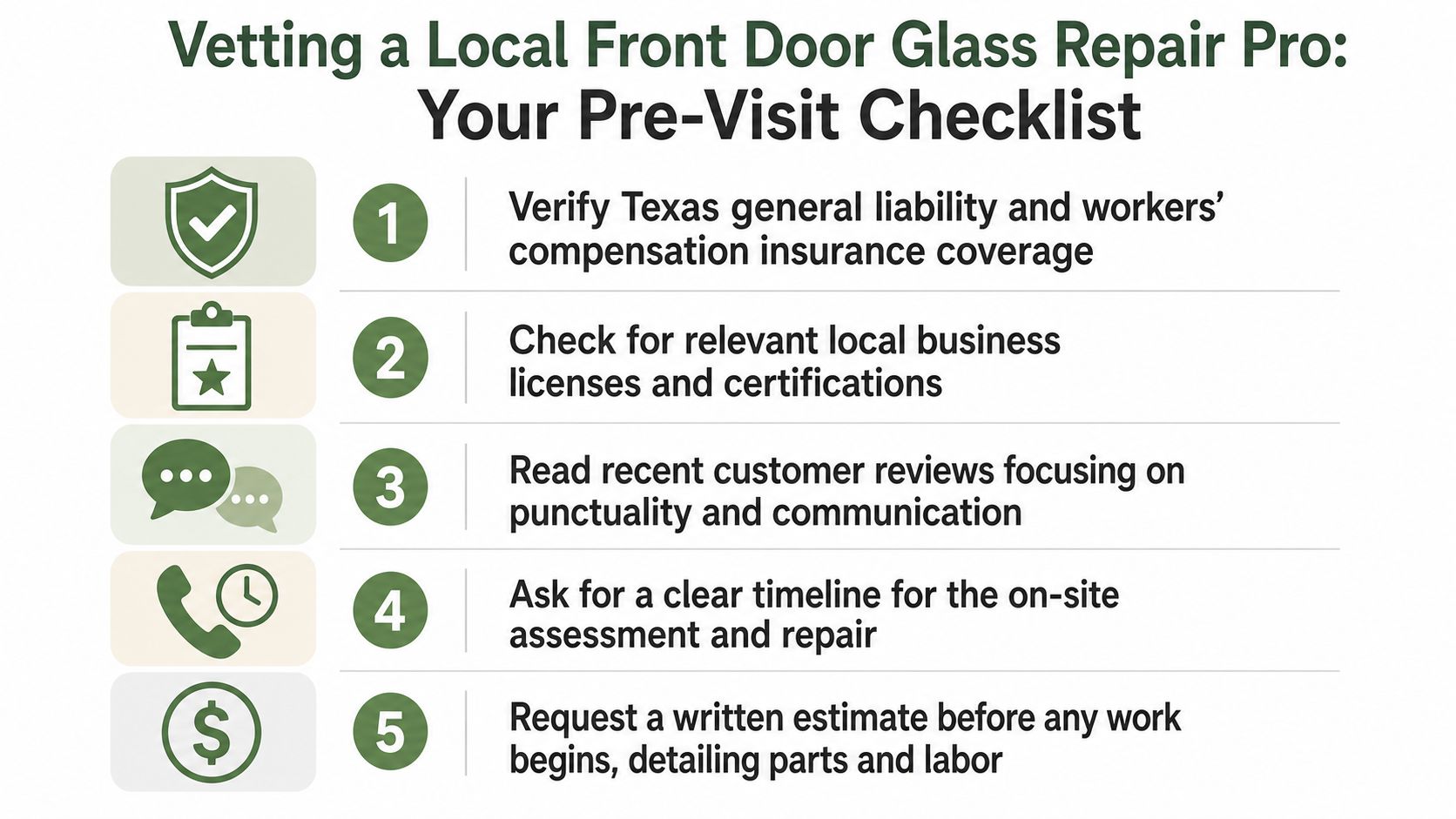A checklist for vetting a local front door glass repair professional, featuring five essential pre-visit steps.
