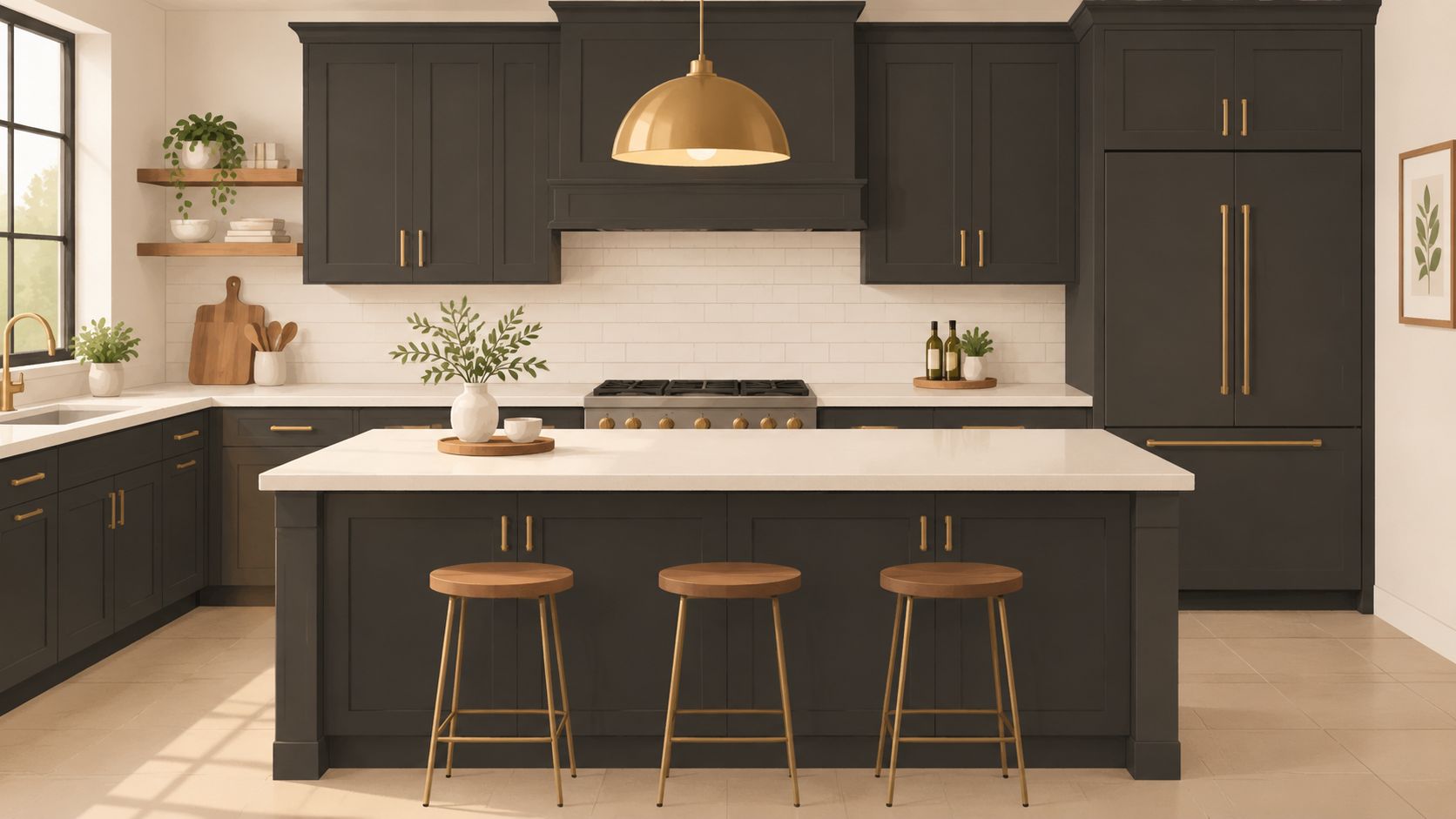 A modern kitchen design featuring elegant dark cabinets, a white marble island, and brass fixtures.