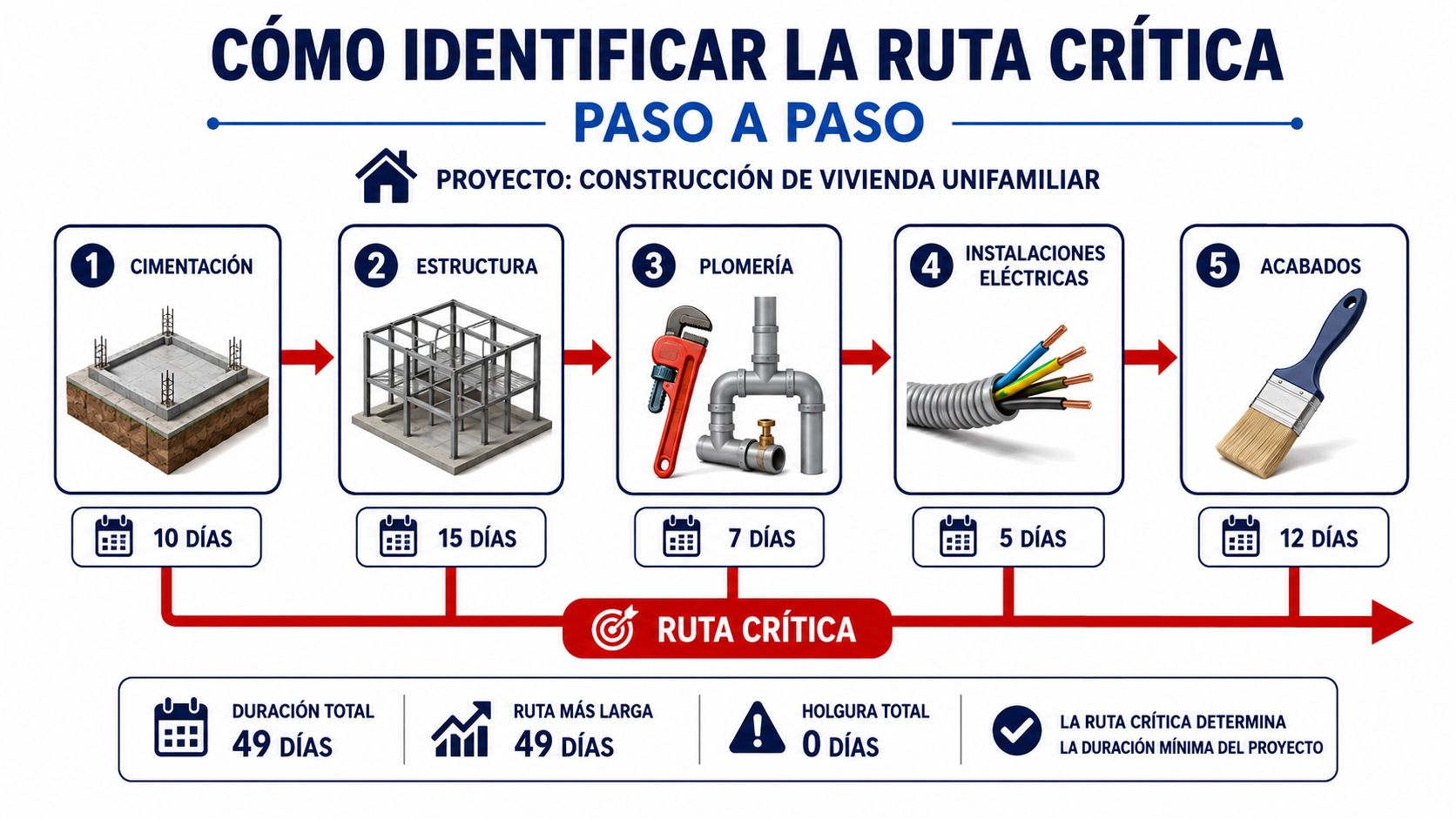 Diagrama de flujo paso a paso sobre cómo identificar la ruta crítica en un proyecto de construcción.