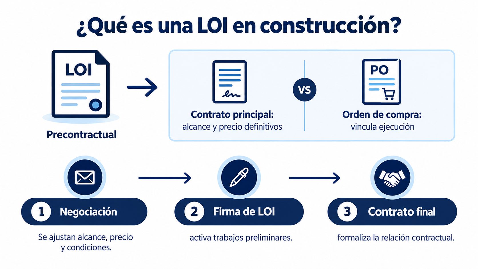 Infografía explicando qué es una carta de intención (LOI) en proyectos de construcción y su proceso paso a paso.