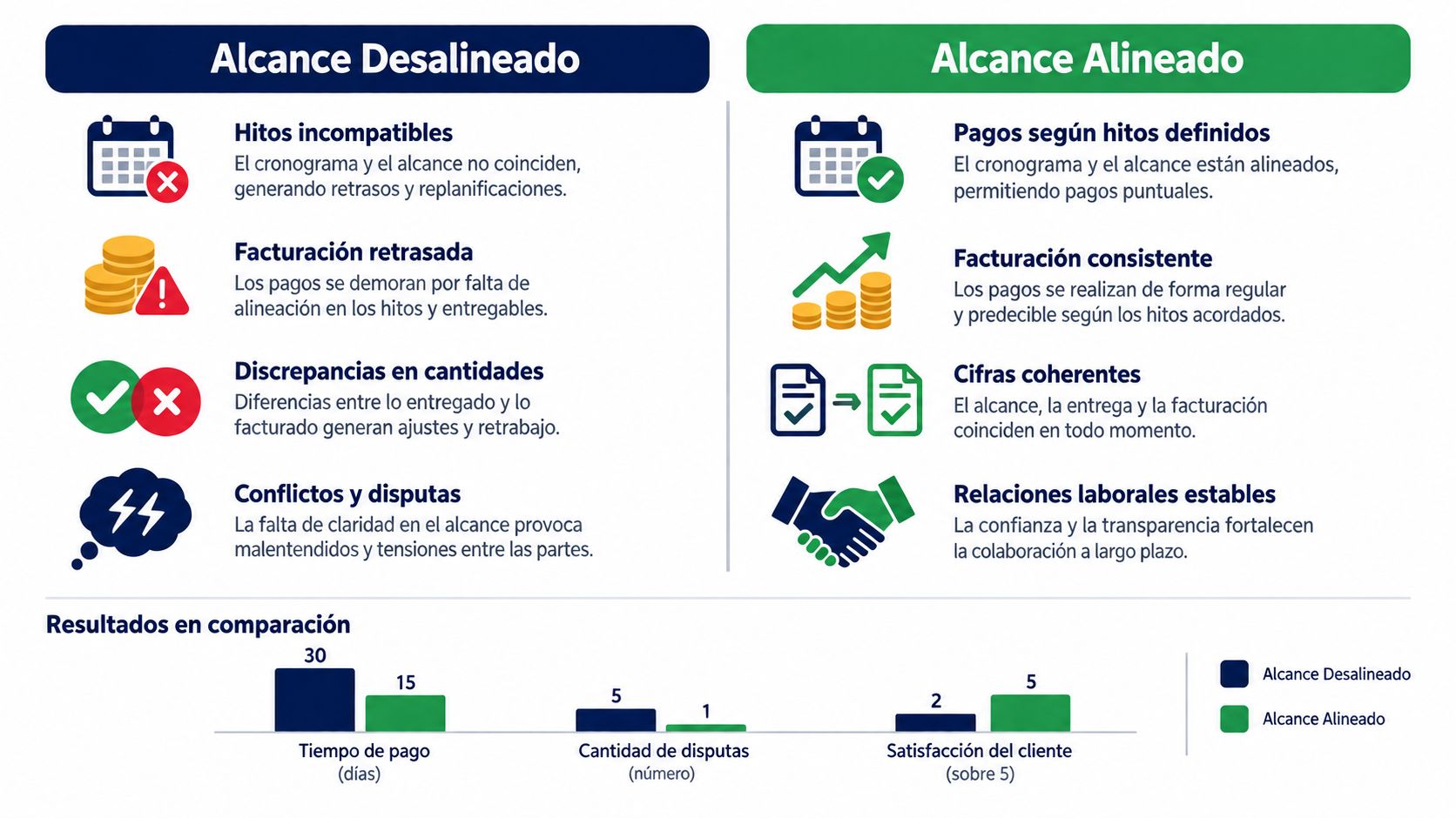Comparación visual entre el alcance desalineado y el alcance alineado en proyectos de gestión y construcción.