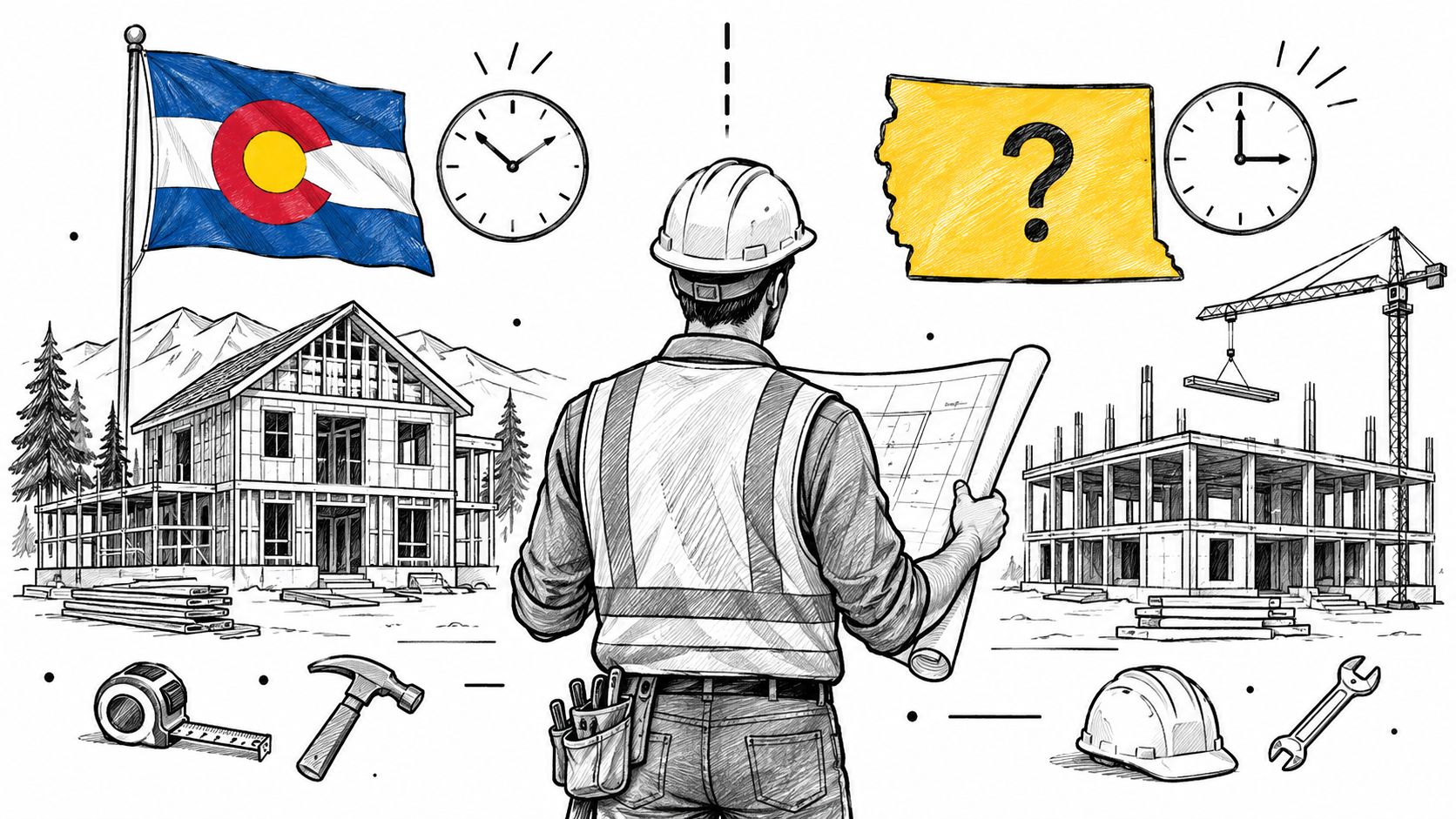 Un ingeniero revisando planos de construcción con banderas de Colorado y otro estado, ilustrando proyectos de lien de mecánico.