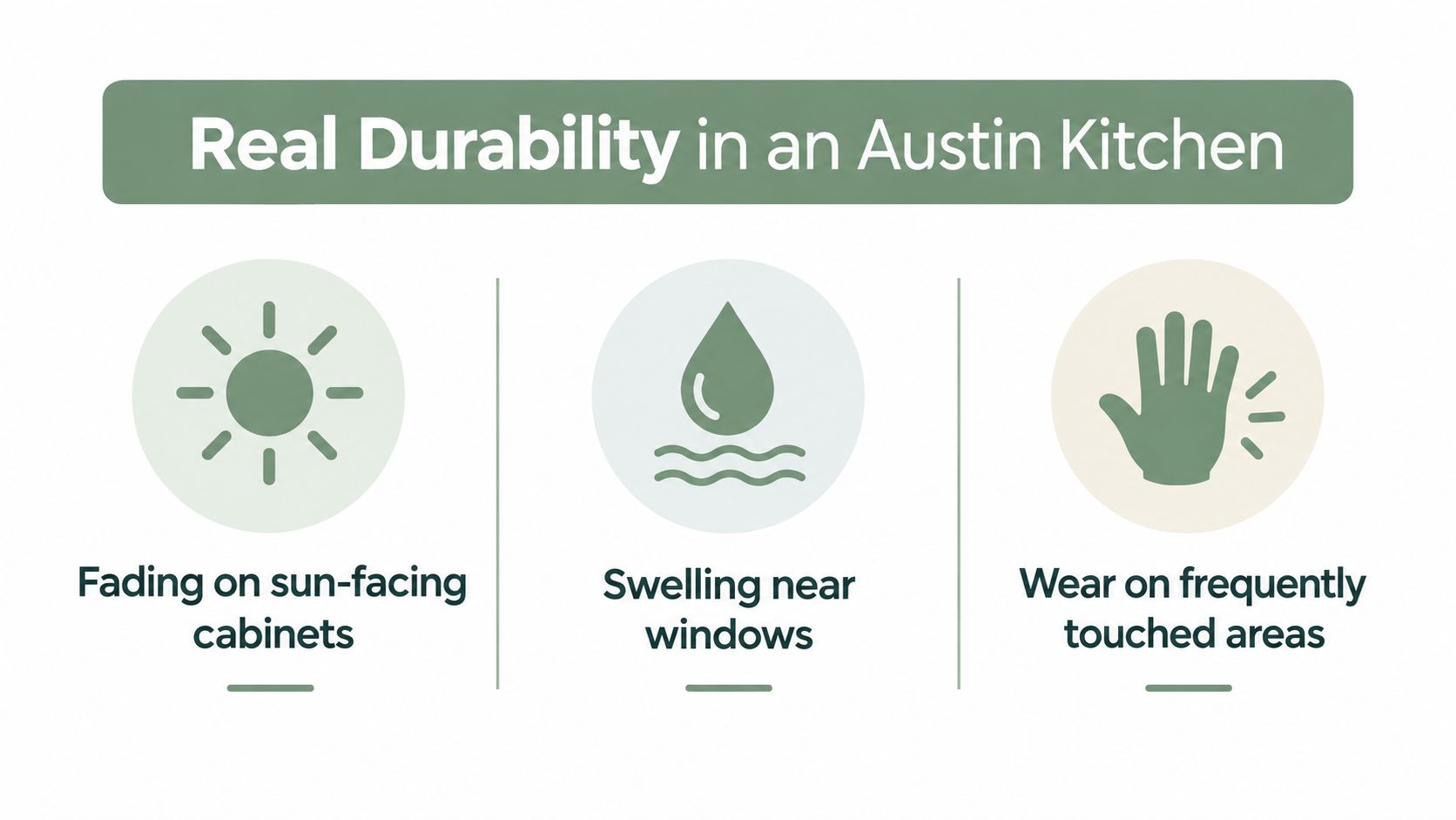 An infographic highlighting three common kitchen cabinet issues including sun fading, water damage, and daily surface wear.
