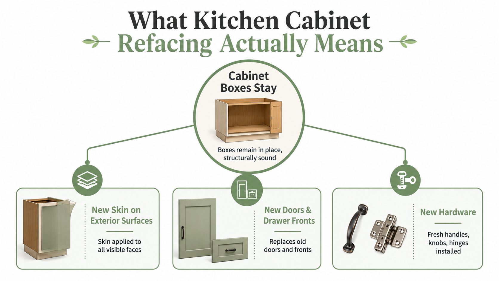A diagram explaining kitchen cabinet refacing, showing existing cabinet boxes remaining with new skins, doors, and hardware.