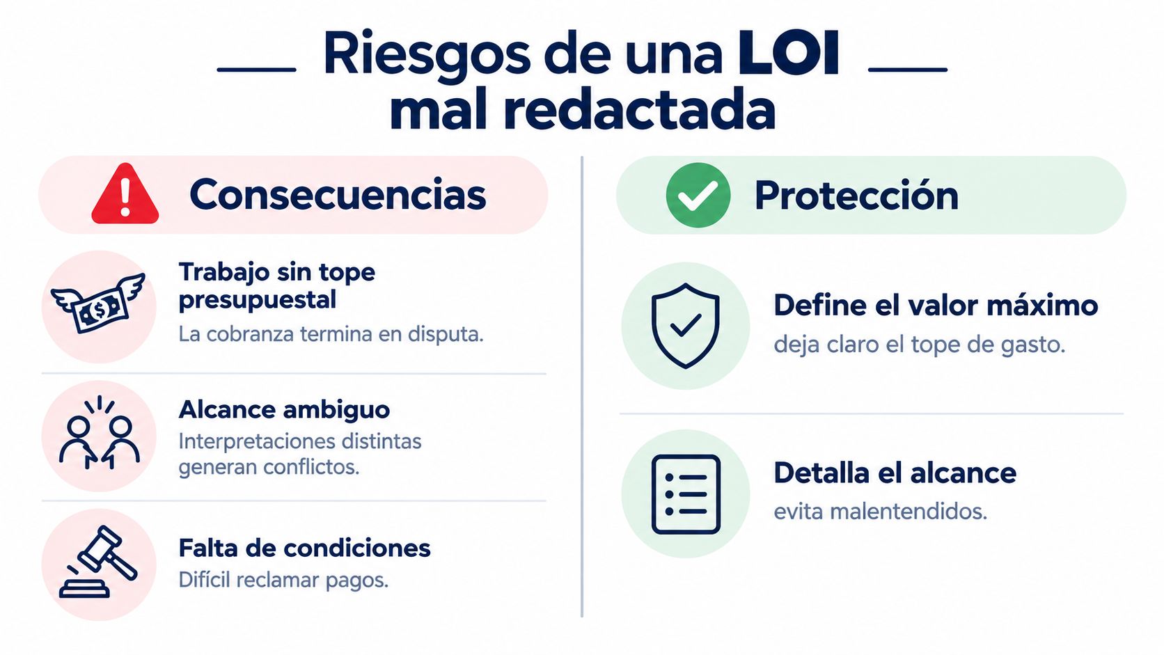 Infografía comparando riesgos y protecciones al redactar una Carta de Intención para proyectos de construcción.