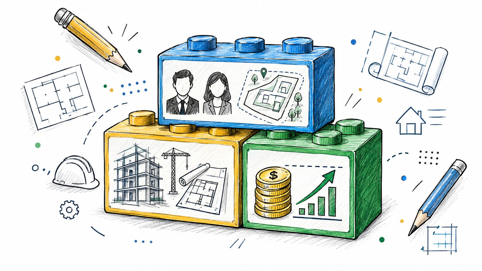 Dibujo esquemático que muestra bloques de construcción representando las etapas de planificación, diseño y financiamiento de proyectos inmobiliarios.