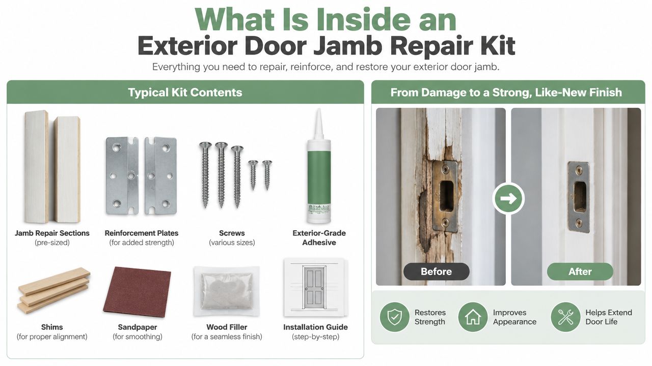 A diagram showcasing the components and benefits of an exterior door jamb repair kit for home improvement.