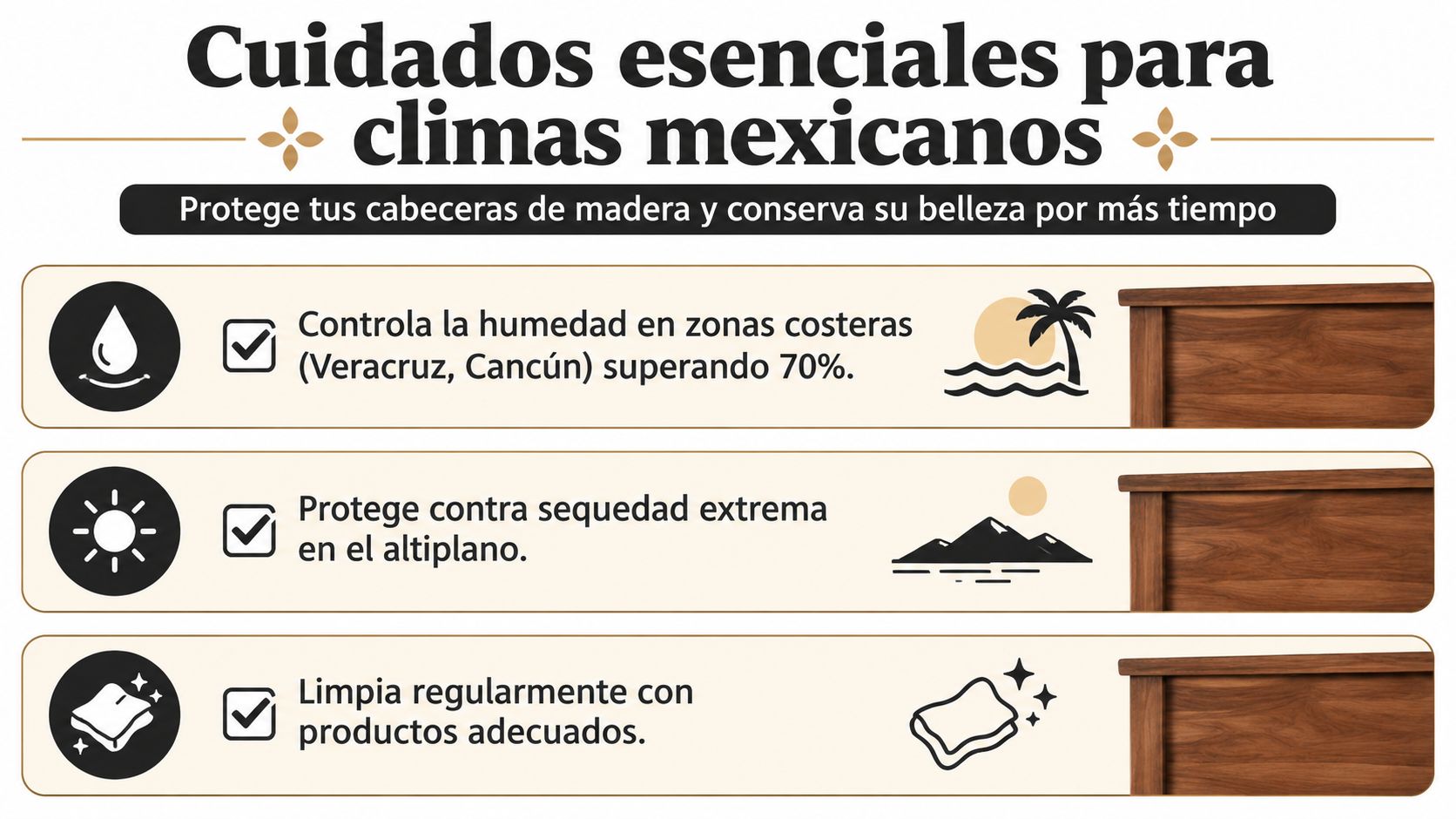 Infografía con consejos esenciales para el cuidado y mantenimiento de cabeceras de madera en diferentes climas mexicanos.