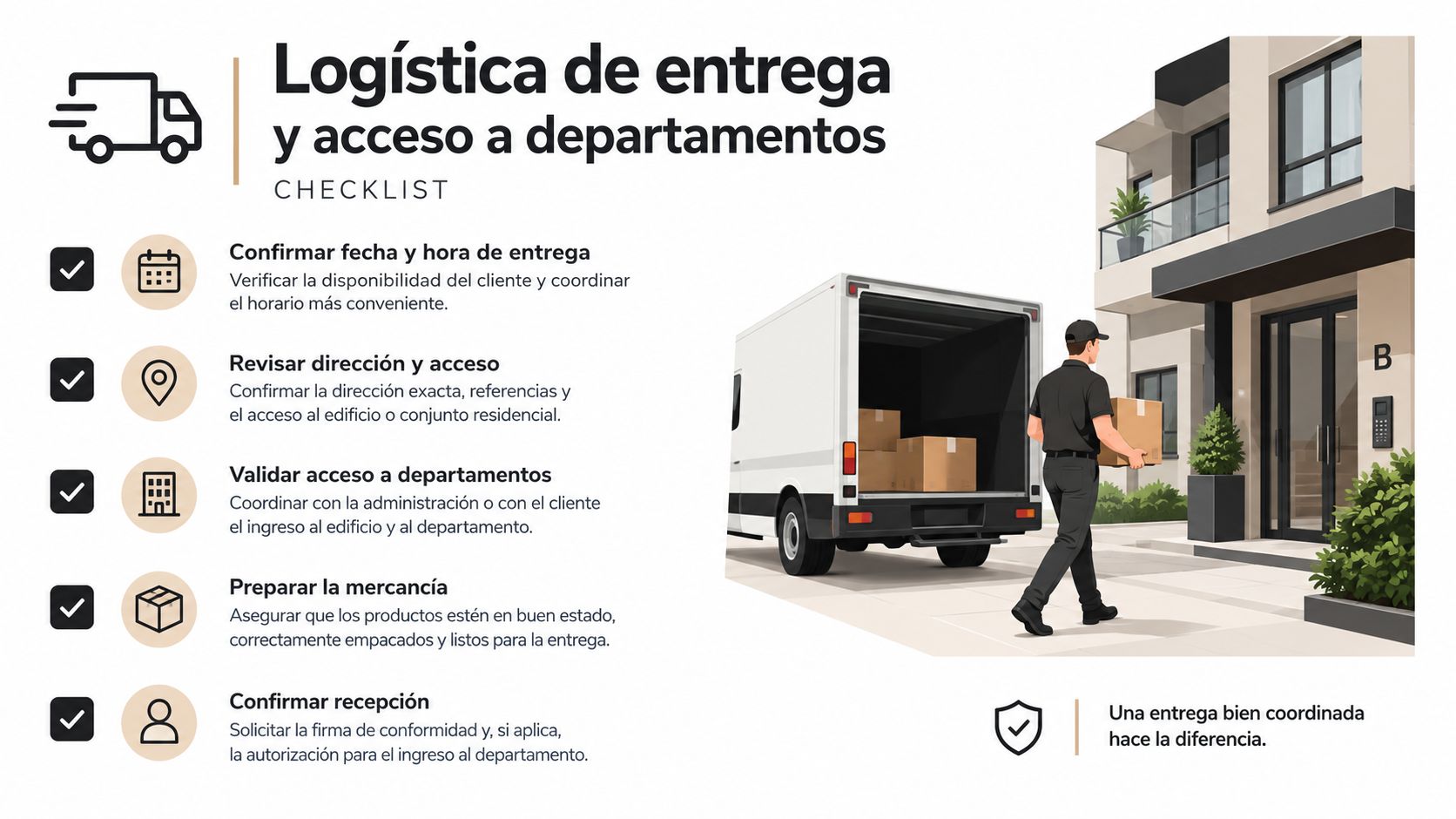 Lista de verificación para la logística de entrega y acceso a departamentos de forma eficiente y segura.