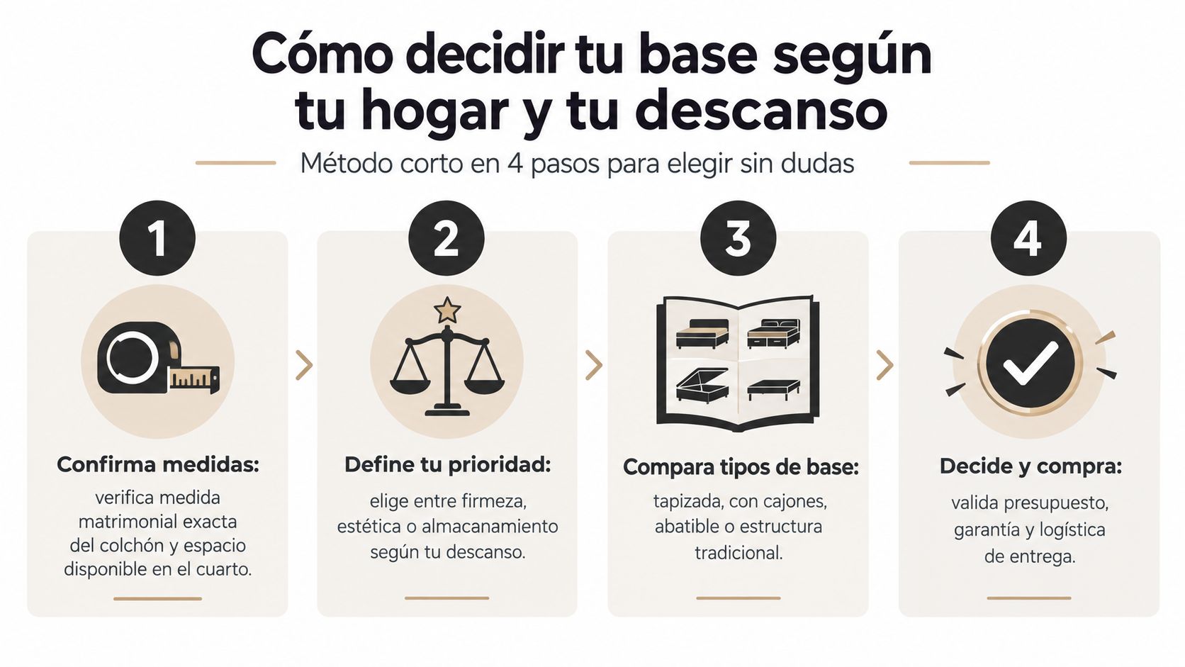 Infografía con cuatro pasos para elegir la base ideal para tu cama matrimonial según el espacio disponible.