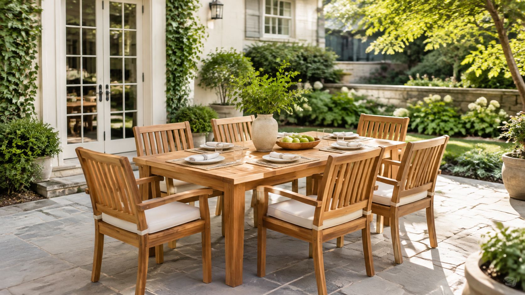 Un juego de comedor de madera para exteriores elegante ubicado en un patio de piedra soleado.