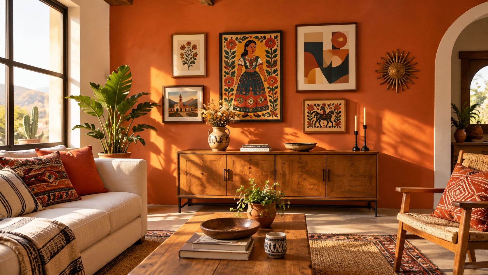 Sala de estar decorada con estilo rústico y mexicano, destacando una pared naranja con diversos cuadros artísticos.