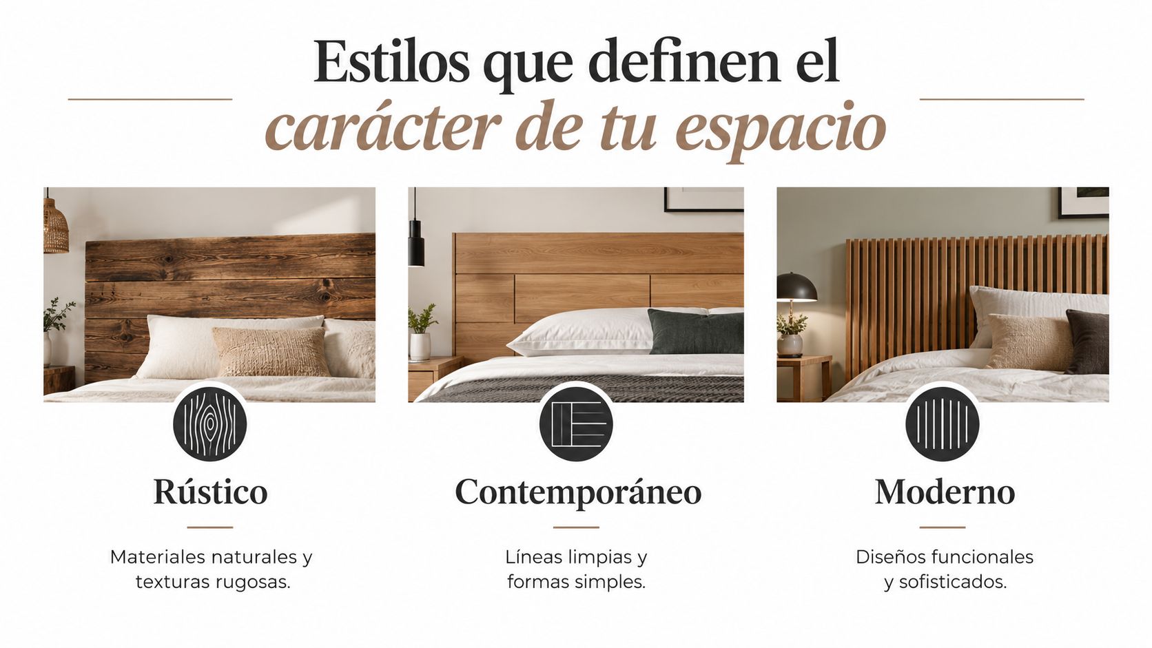 Tres estilos diferentes de cabeceras de madera: rústico, contemporáneo y moderno para decorar dormitorios con elegancia.