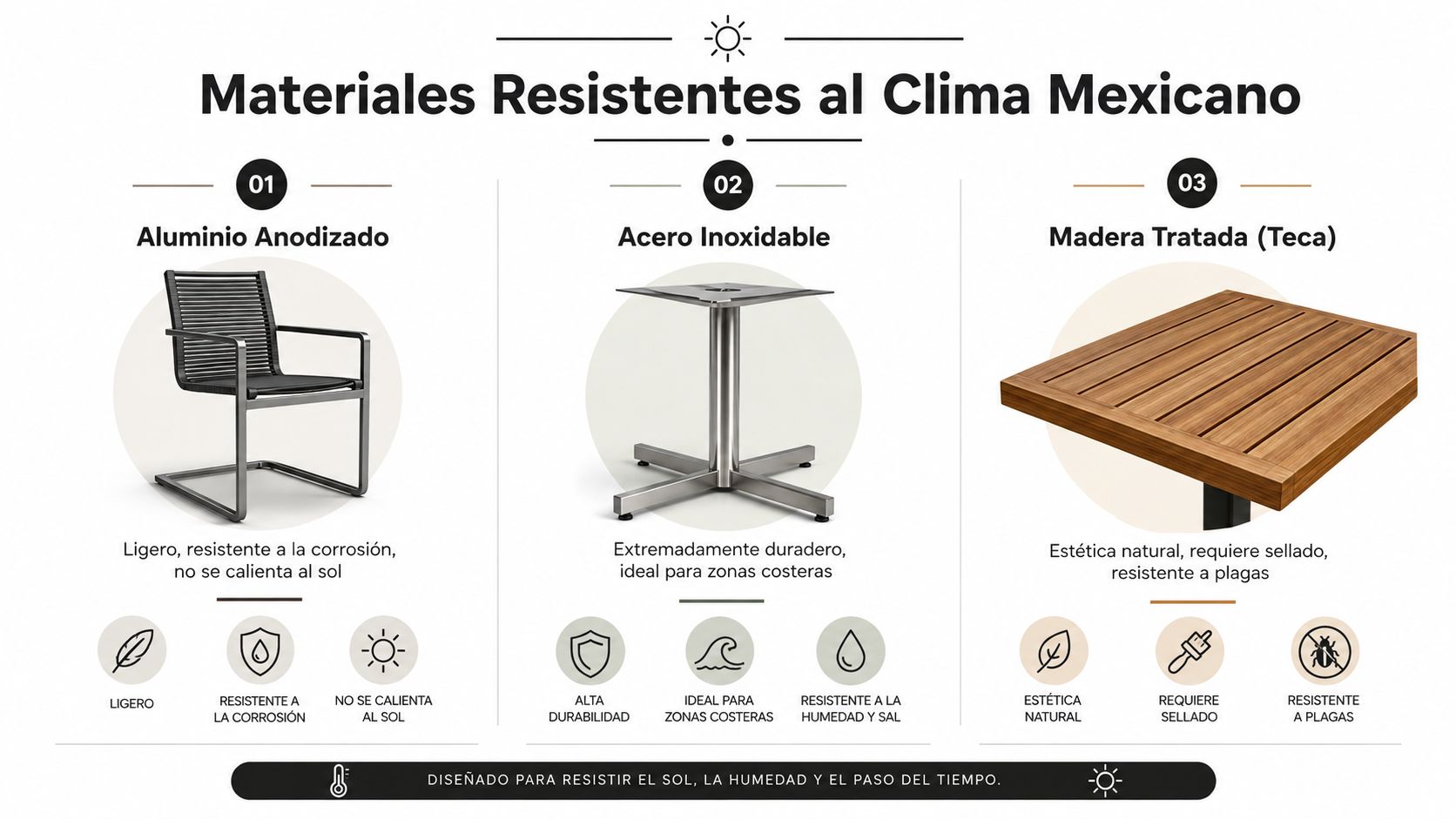 Infografía con materiales resistentes para mobiliario de exterior en el clima de México.