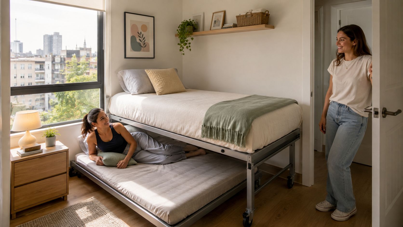 Una joven descansa en la cama inferior de una estructura metálica tipo canguro mientras otra persona observa.
