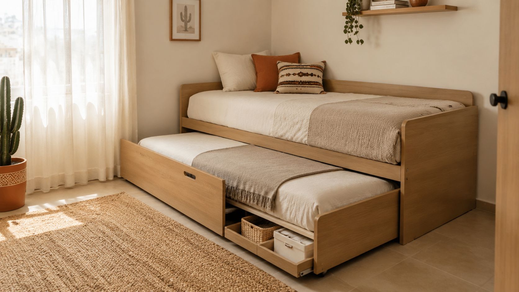 Dormitorio acogedor con una cama canguro de madera clara, decorado en tonos neutros y estilo minimalista natural.