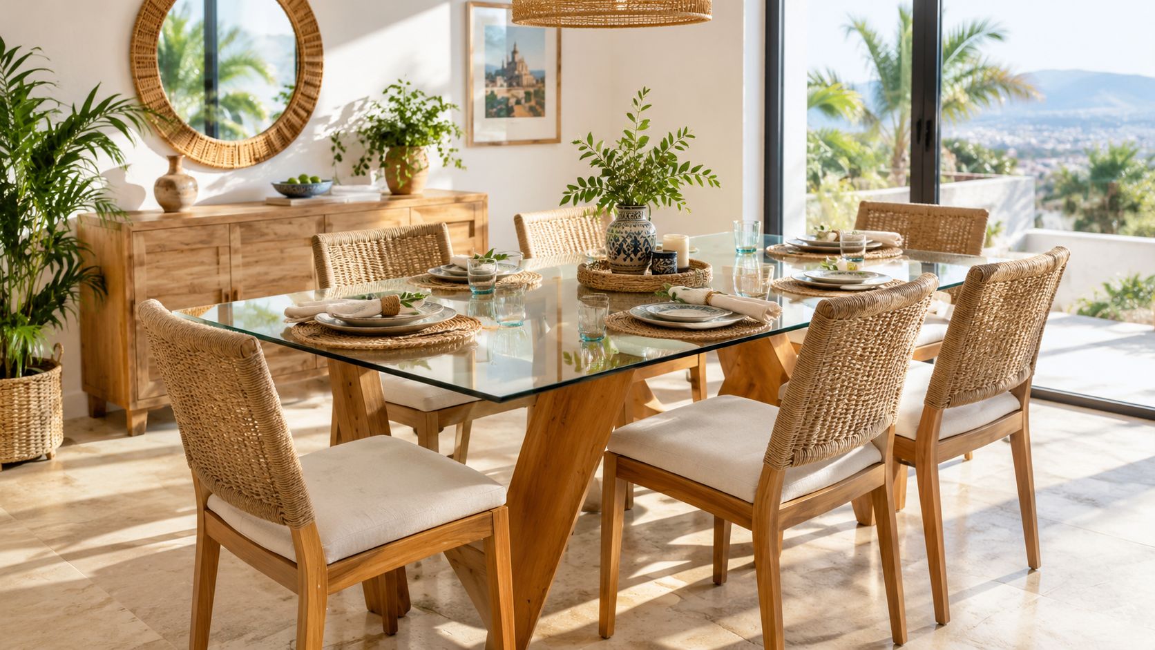 Comedor elegante con mesa de cristal, sillas de ratán y decoración natural en un espacio luminoso.