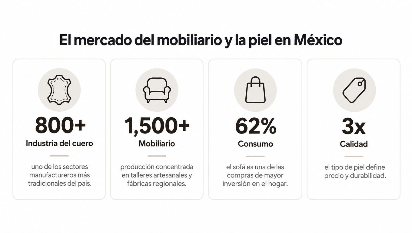 Infografía sobre el mercado de mobiliario y piel en México detallando cifras clave de la industria.
