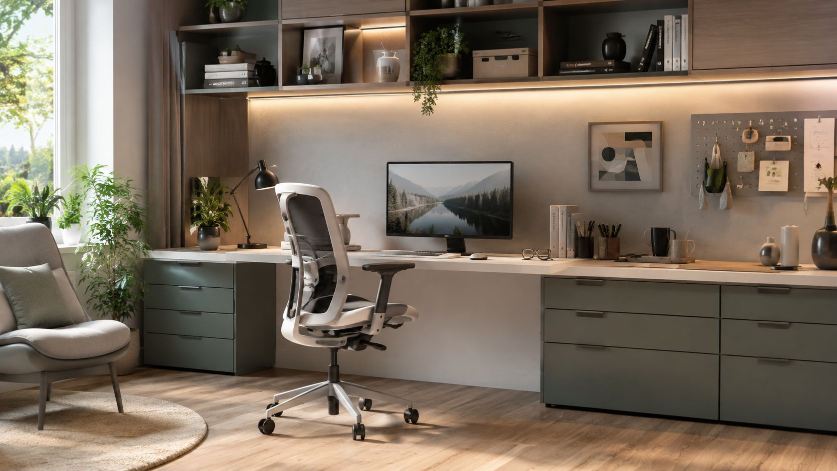 Una oficina en casa moderna con escritorio espacioso, silla ergonómica y estantes de madera decorados con plantas.