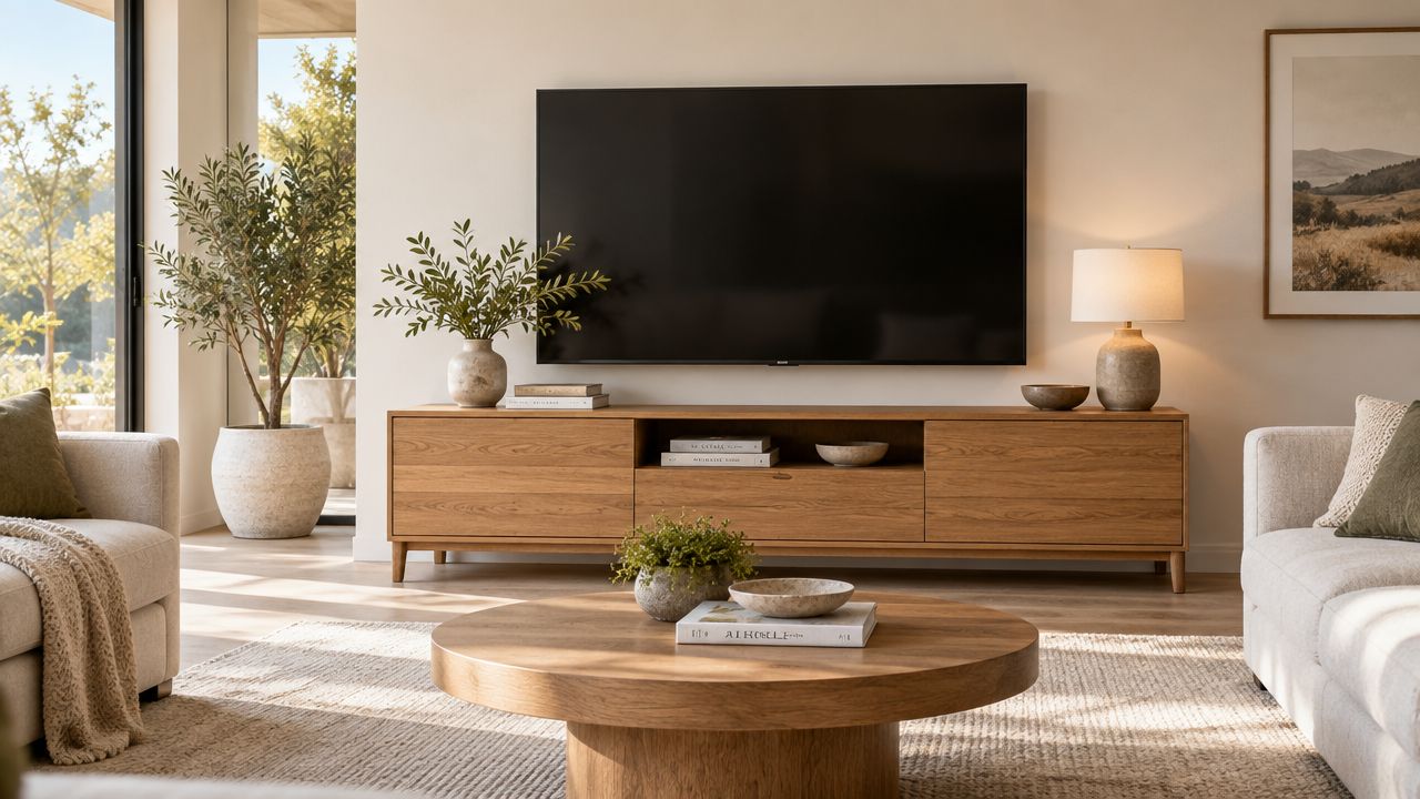Sala de estar moderna con muebles de madera para televisión, plantas decorativas y una mesa redonda central.