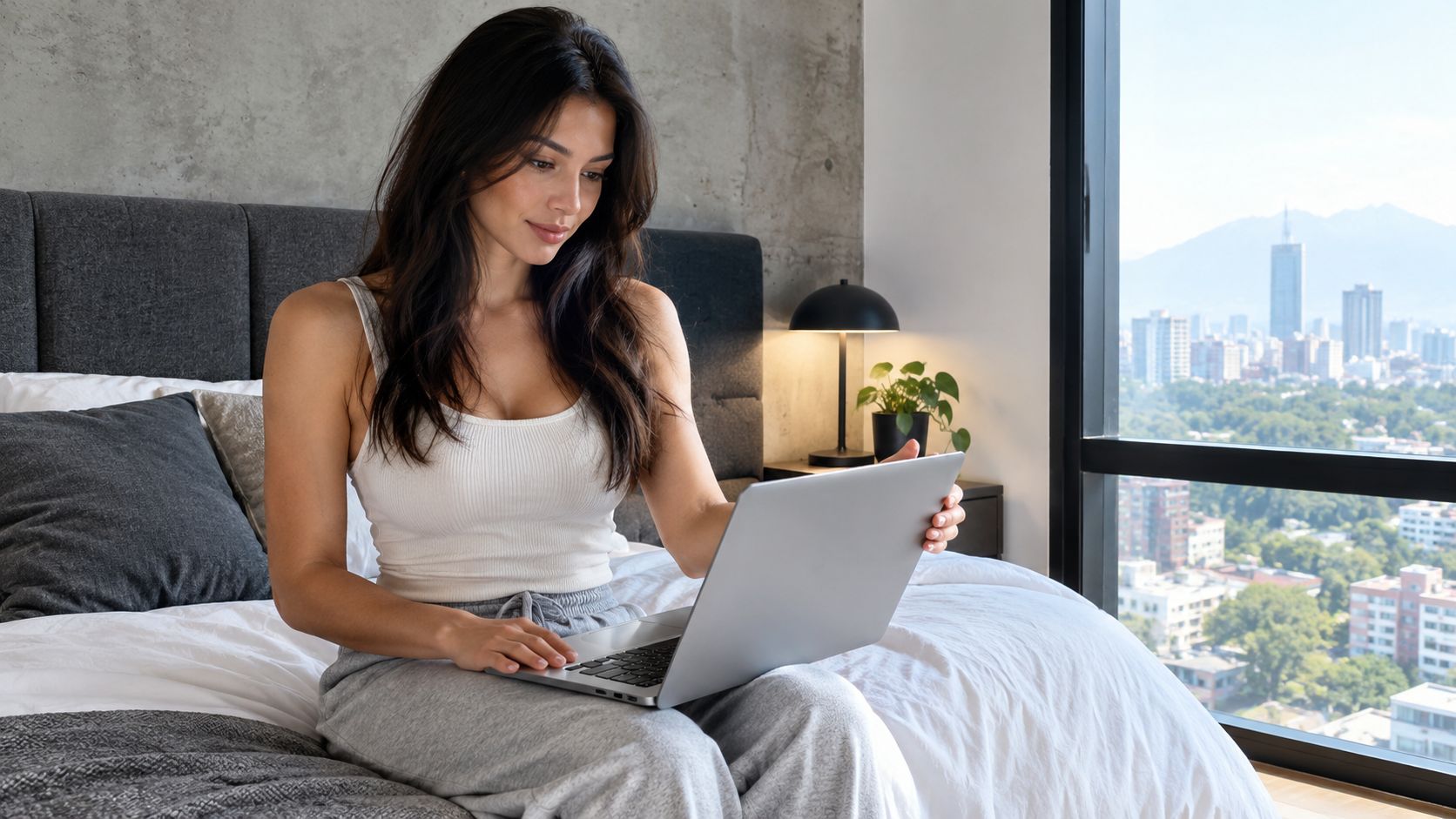 Mujer joven sentada en una cama cómoda con cabecera moderna tapizada mientras trabaja en su computadora portátil.