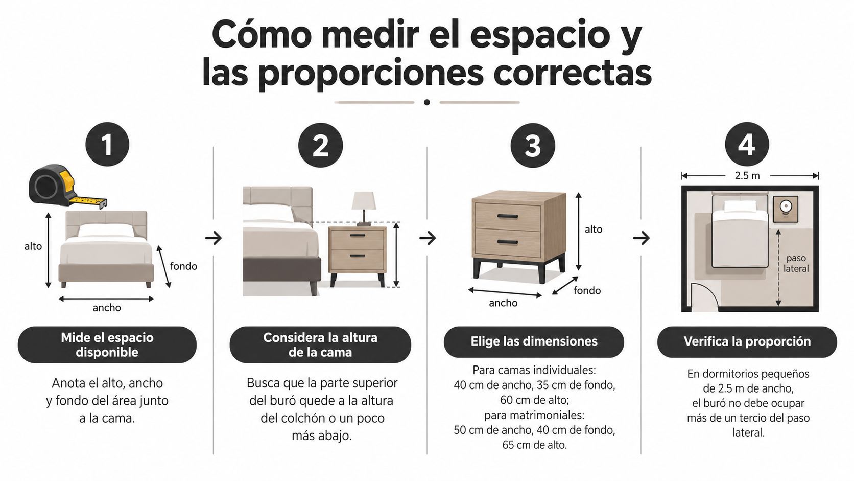 Infografía sobre cómo medir el espacio y elegir las dimensiones adecuadas para burós de madera modernos.