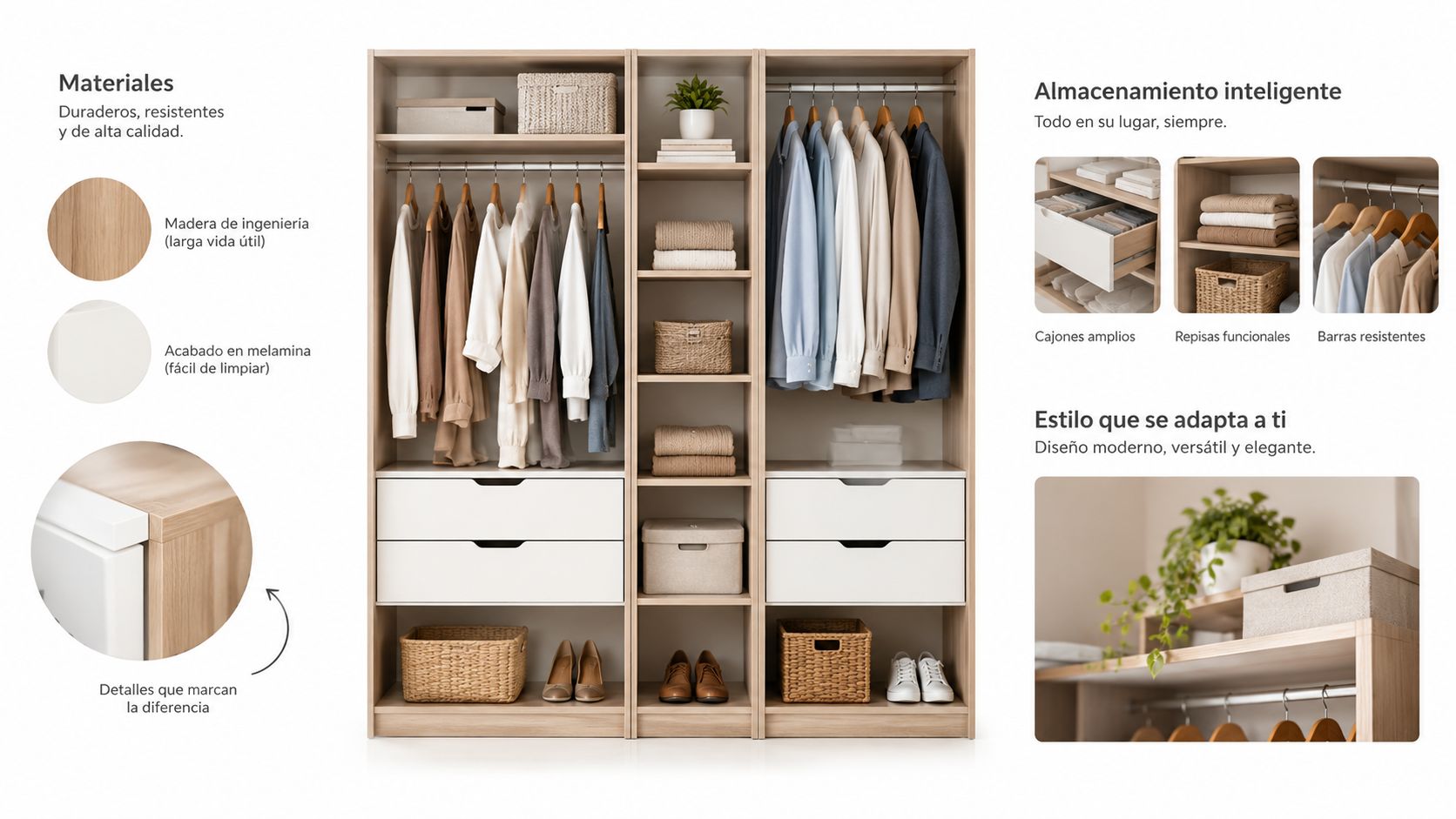 Un armario de diseño moderno con cajones, repisas y barras de colgar ropa en tonos madera y blanco.