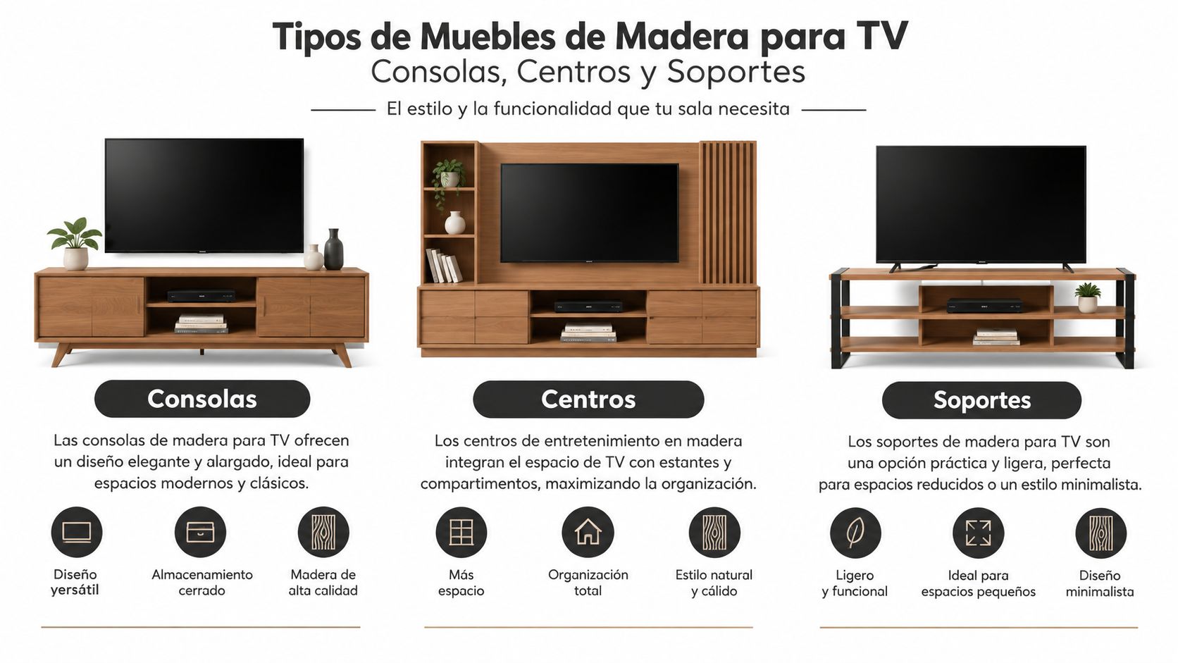 Tres tipos de muebles de madera para televisor: consolas, centros de entretenimiento y soportes para sala.