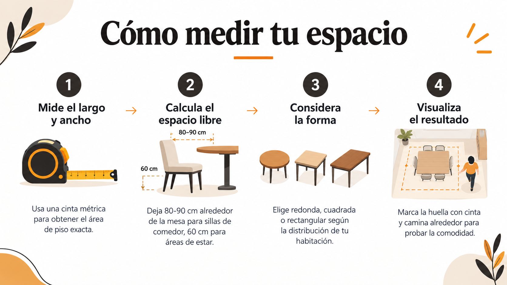 Infografía paso a paso sobre cómo medir correctamente el espacio de una habitación para elegir muebles.