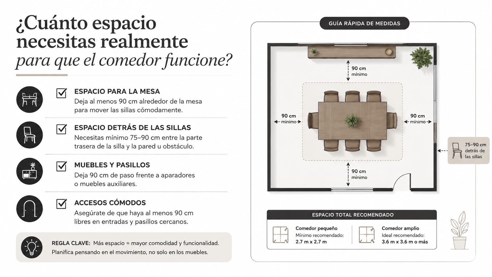 Guía visual con medidas recomendadas para organizar muebles en un comedor y optimizar el espacio disponible cómodamente.