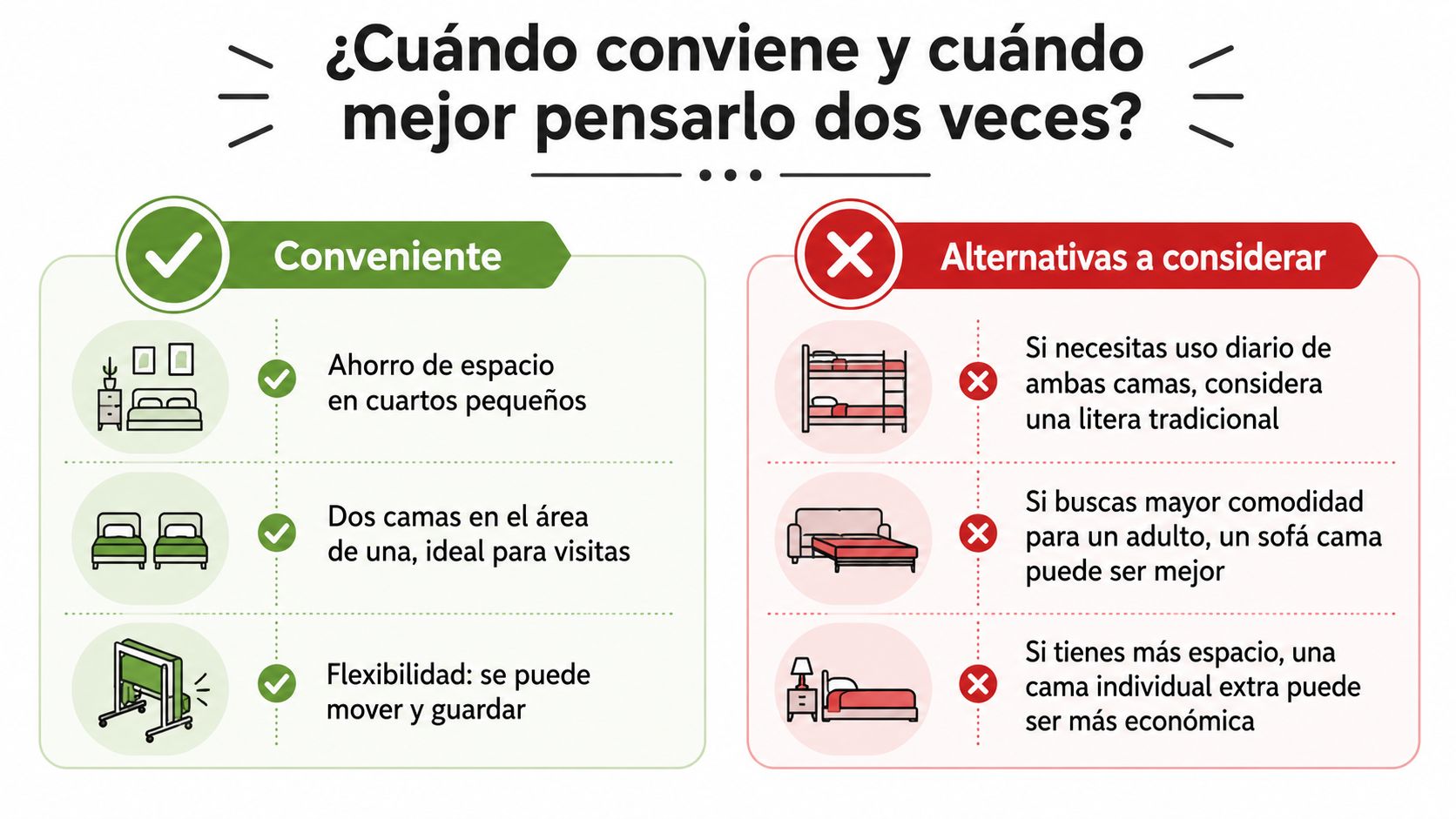 Infografía comparativa sobre las ventajas y alternativas para elegir una cama nido o canguro en el hogar.