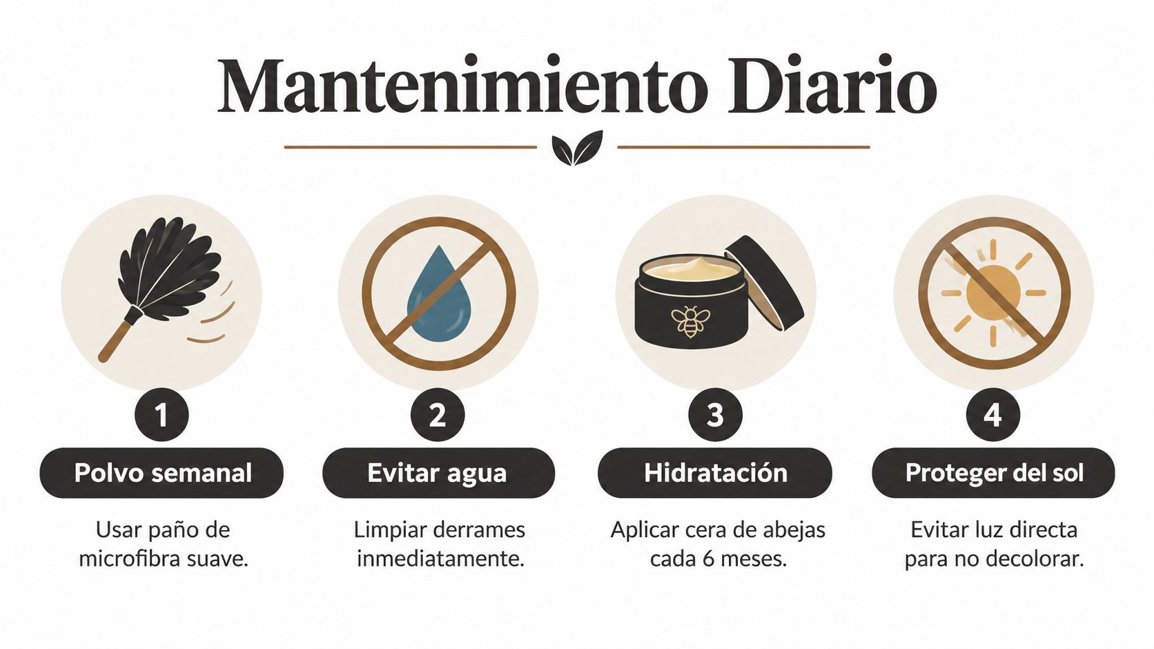 Infografía de mantenimiento diario para muebles de madera mostrando pasos para limpiar, hidratar y proteger el material.