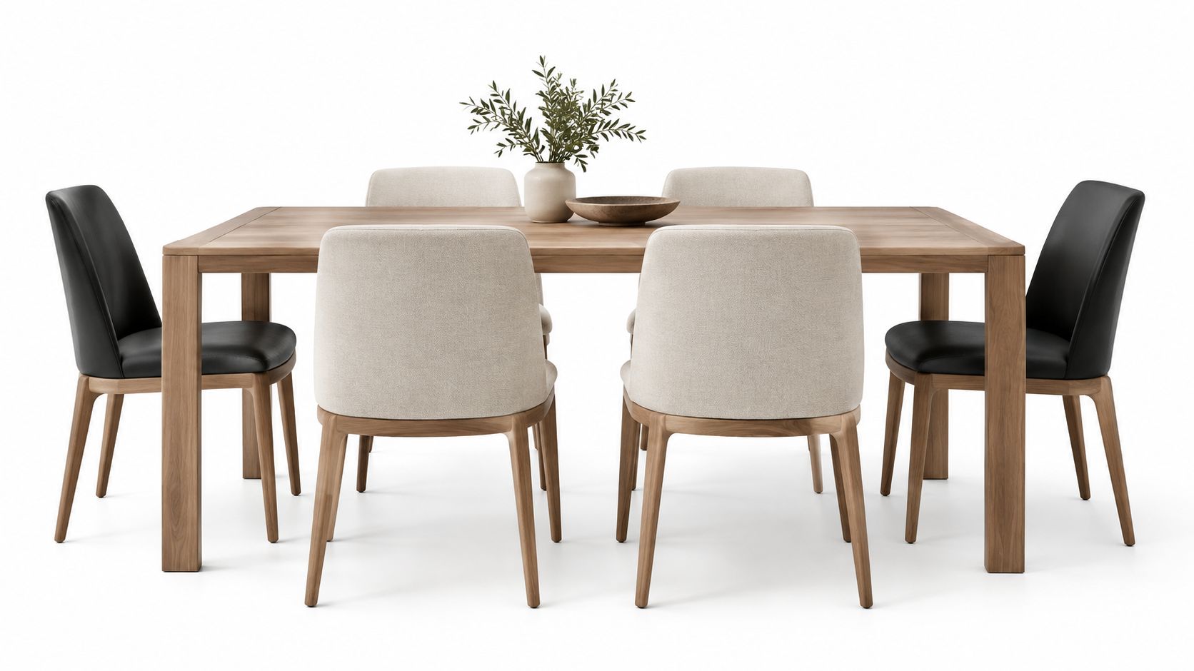 Conjunto de mesa de comedor de madera moderna con sillas tapizadas en colores neutros y oscuros