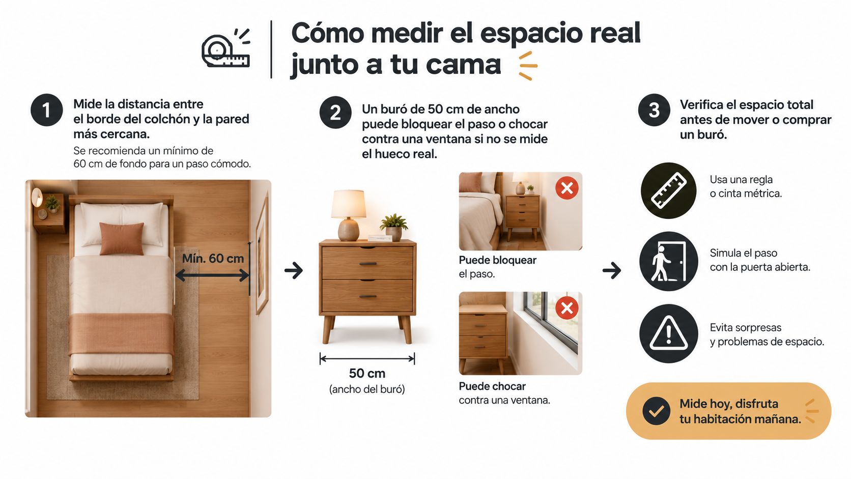 Infografía sobre cómo medir el espacio disponible en la habitación antes de comprar un buró.