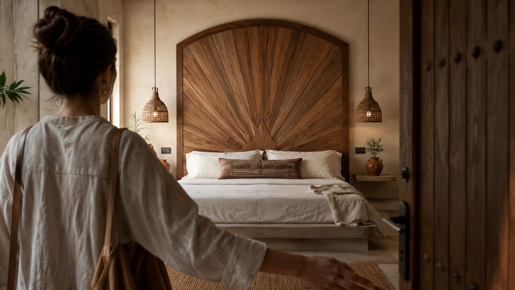 Mujer entrando a un dormitorio rústico con una elegante cabecera de madera y decoración estilo bohemio.