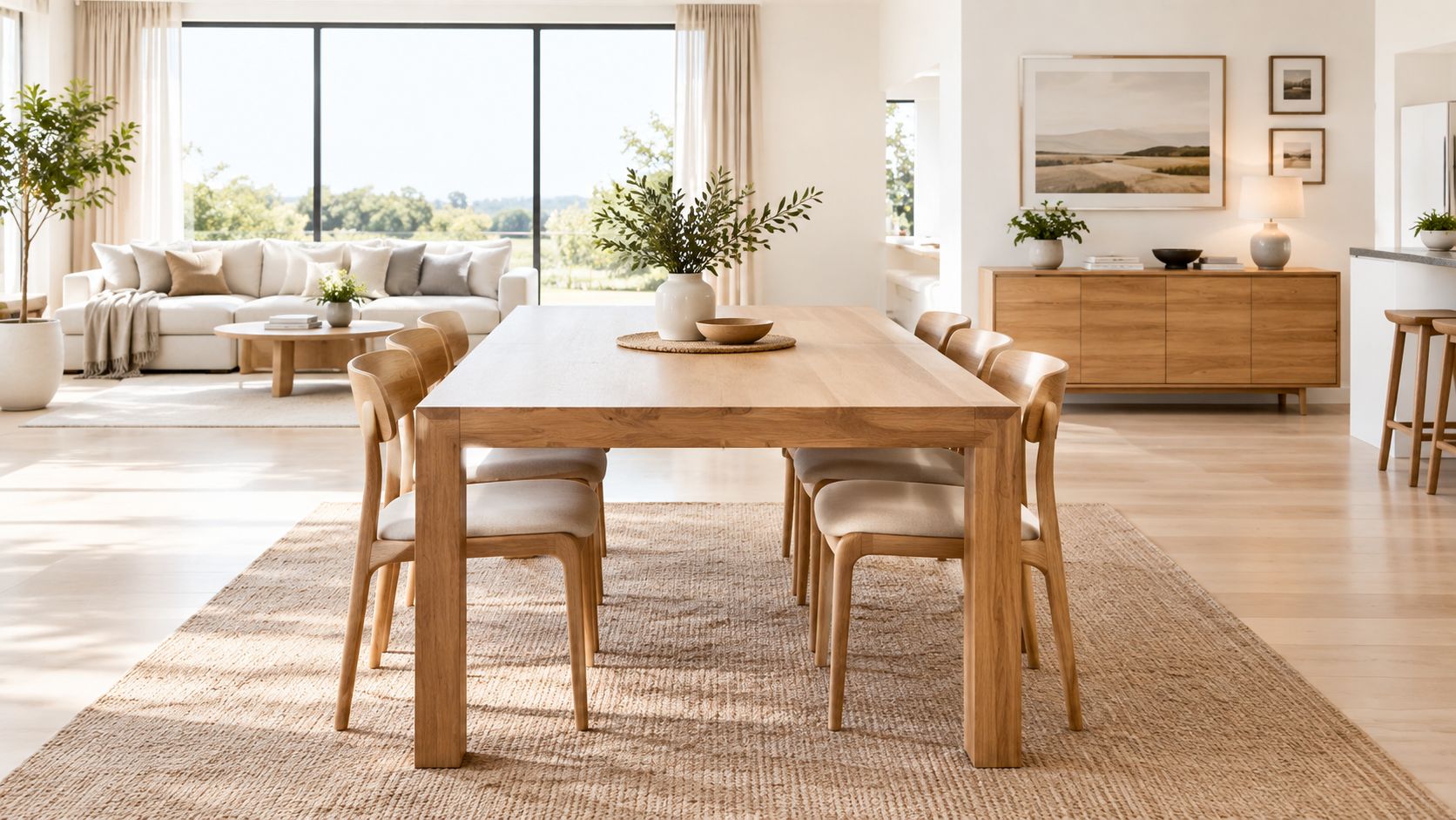 Comedor moderno con mesa de madera clara, sillas acolchadas y decoración elegante en un hogar luminoso