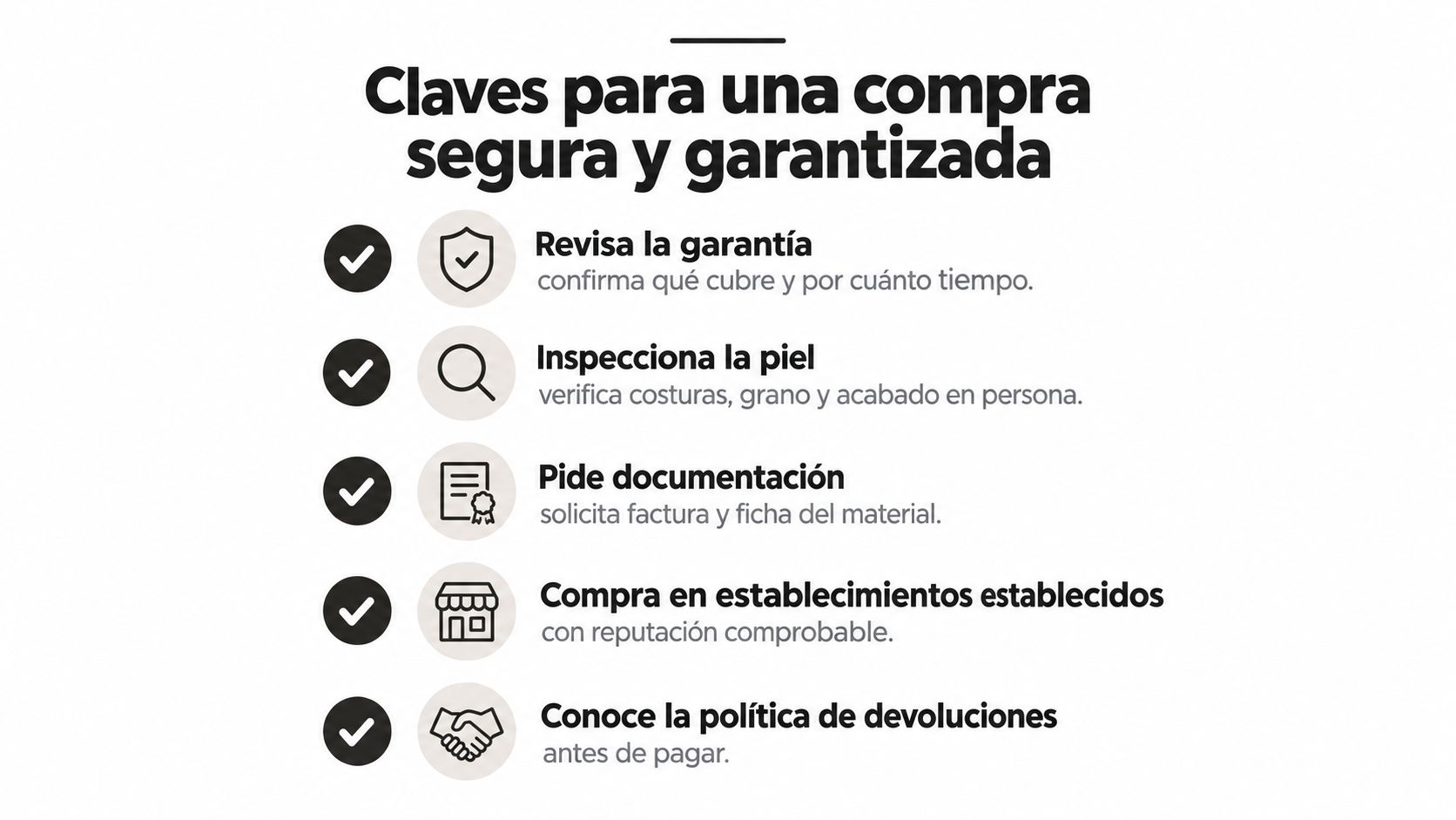 Una infografía con cinco consejos clave para realizar una compra segura de muebles de piel garantizados.