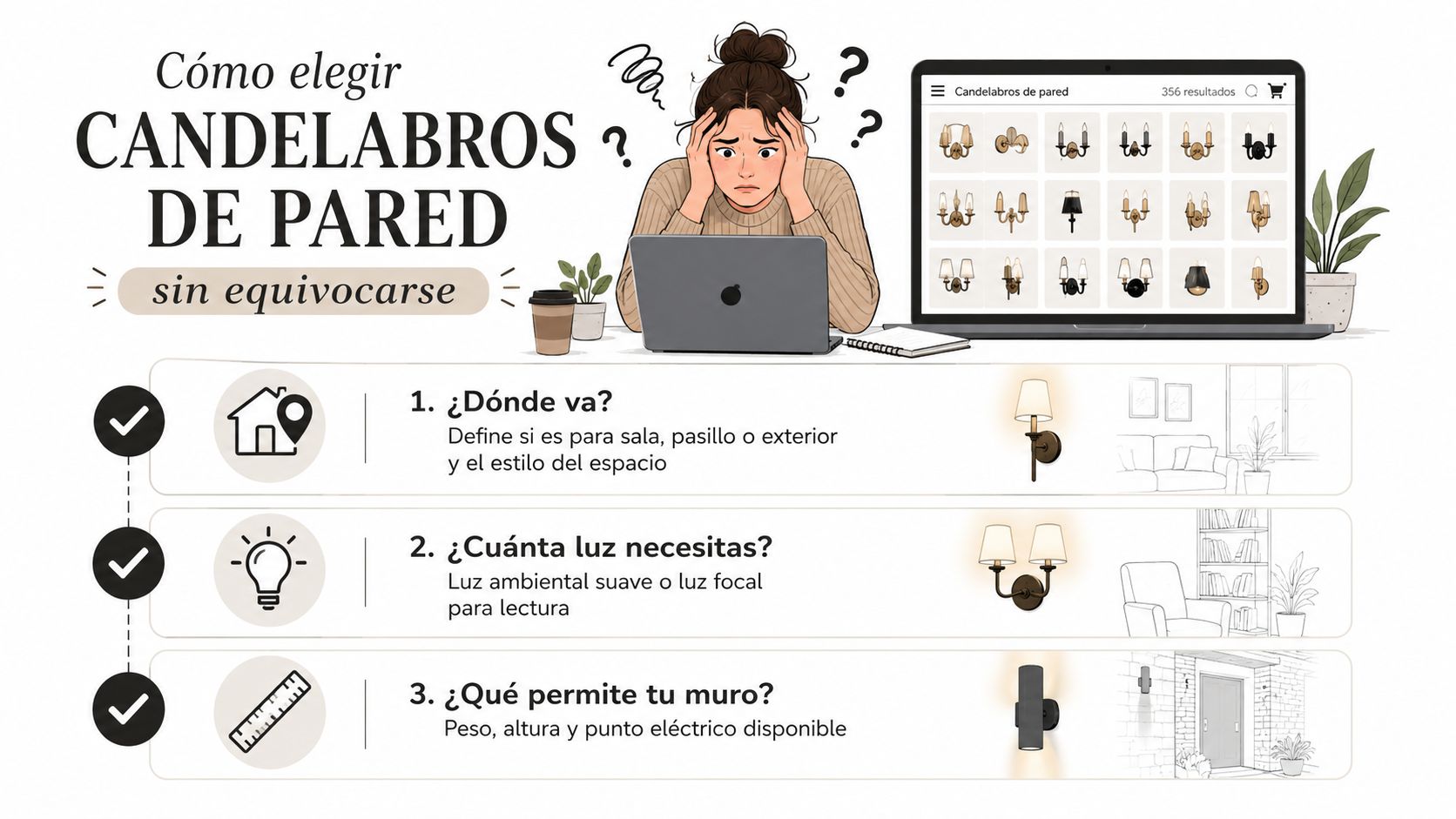 Una guía ilustrada que muestra cómo elegir correctamente los candelabros de pared para tu hogar.