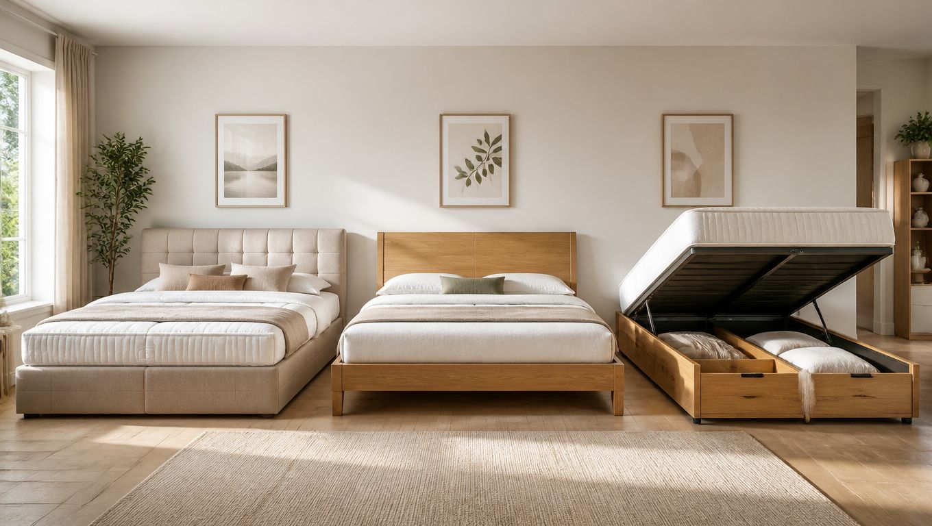 Tres camas diferentes en una habitación luminosa, incluyendo una estructura de almacenamiento elevable y diseños de madera.