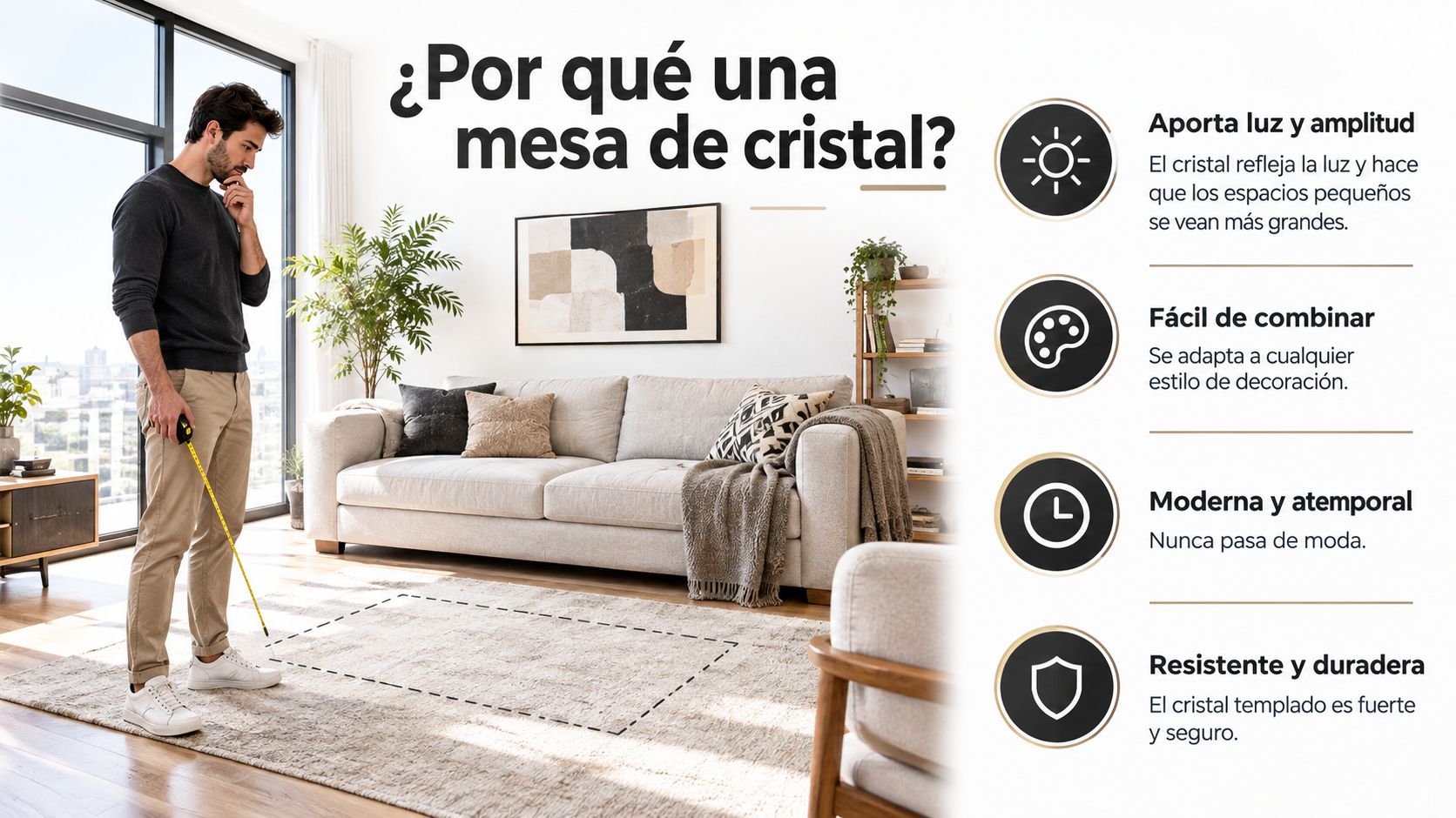 Un hombre midiendo el espacio para colocar una mesa de cristal en una sala de estar luminosa.